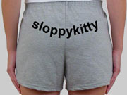 Soffe Cheer shorts are a 50/50 Cotton/poly mix. Eleven color to choose from with a black arial SLOPPYKITTY on the bum. Size: 2, 4-6, 8-10, 12-14.